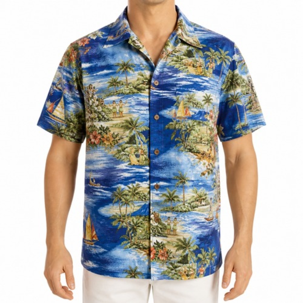 Aloha Republic Hawaiian Aloha Shirt XL Huts Palm Trees Boats Diamond Head Floral